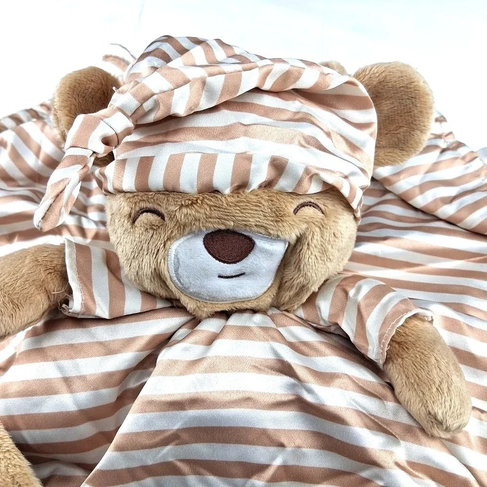 Luvi Duvi Baby Bear Security Blanket Stripe Satin Brown White Reversible NWT 17
